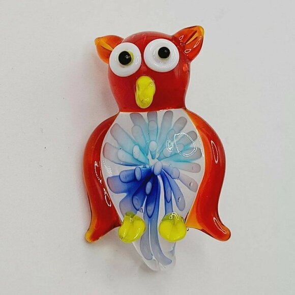 Art Glass Owl Pendant Red Blue Yellow 1.75 Inches Long Applied Bail Google Eyes - Picture 2 of 5